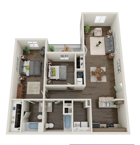 a 3d drawing of a bedroom with a floor plan